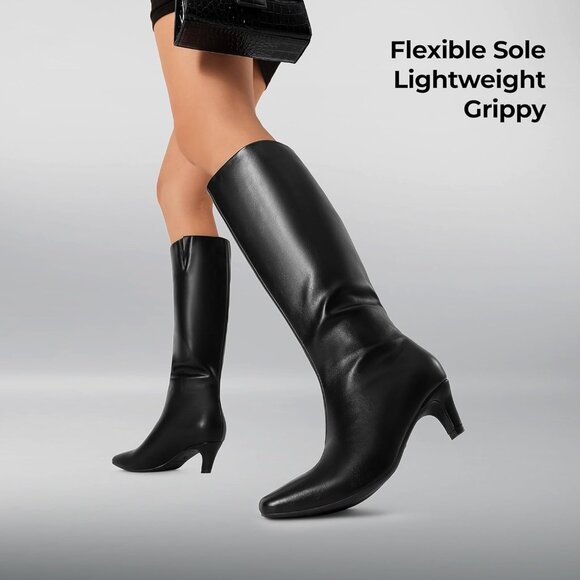 Women Knee High Boots 2 Inch Kitten Low Heel Fashion Sexy Square Toe Wide Calf - Picture 4 of 8